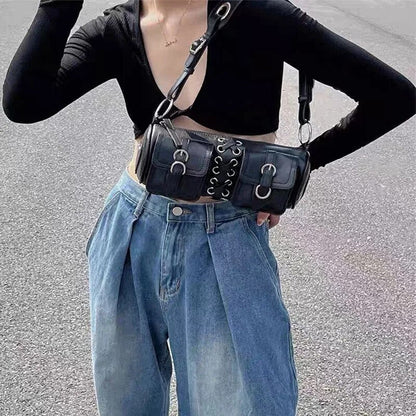 eybag - Vintage Black Women Cylinder Underarm Bags Double Pocket Design Ladies Shoulder Bag Fashion Female PU Leather Purse Handbags