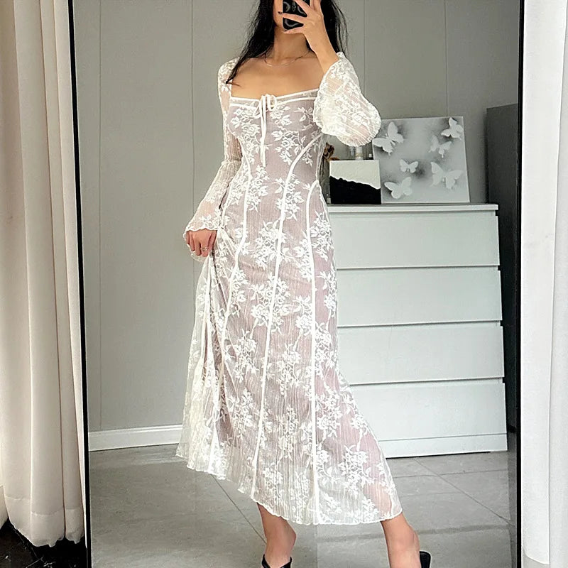 eybag Vintage Lace Long Dress for Women Fashion Elegant Flare Sleeve Square Collar Pleated Dresses Vacation Beach Party Ladies Outfits