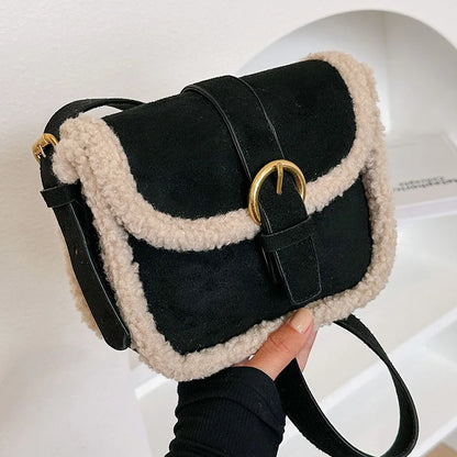 eybag Brand Designer Suede and Faux Fur Patchwork Women's Shoulder Bag Retro Lock Crossbody Bag Small Flap Handbag