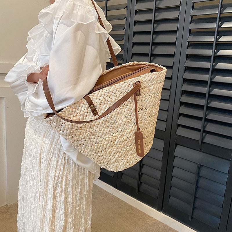 eybag 2023 Summer Straw Beach Basket Bag Fashion Women Rattan Shoulder Bag Large Capacity Woven Hand-made Handbag Female Purse Totes