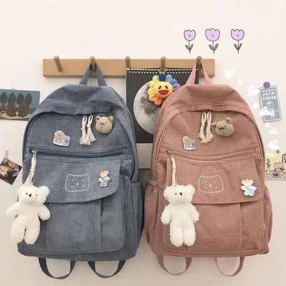 eybag Soft Zipper Corduroy Schoolbag Female Harajuku High School College Student Versatile Stripe Velvet Backpack Cute Backpack