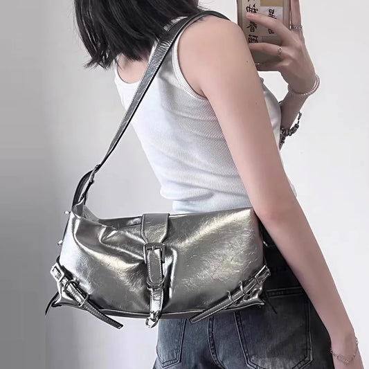 eybag Fashion Y2K women Armpit bag small PU Leather Shoulder Bag for female Tote Hip Hop Messenger Bag Commuter Female Handbag silver