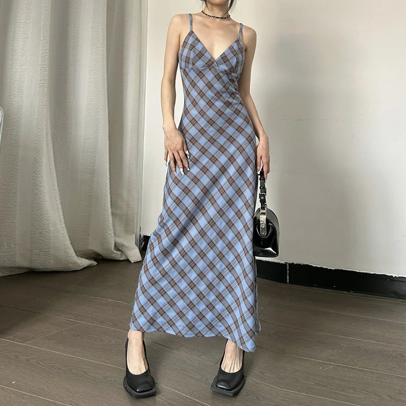 eybag Plaid Pattern V Neck Elegant Slim Women'S Dresses Party Club Casual Y2K Streetwear Daily Summer Fall Outfit