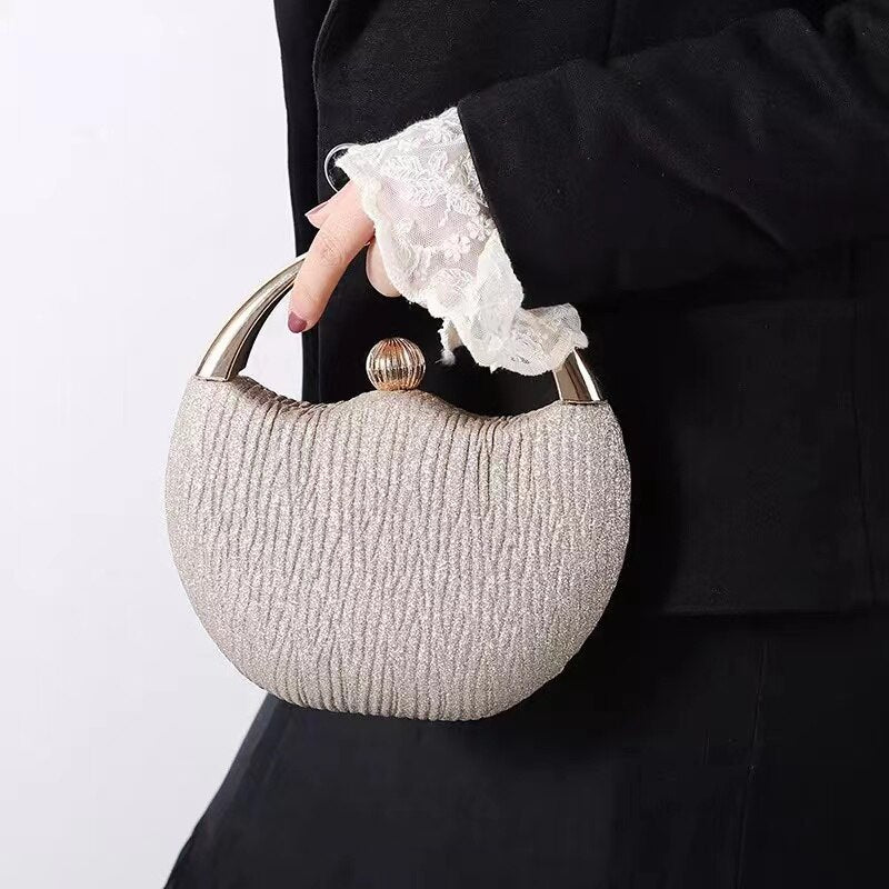 eybag Round Pleated Clutches Luxury Handbags For Women Elegant  Wedding Shoulder Bag Gold Party Evening Bags silver small Purse