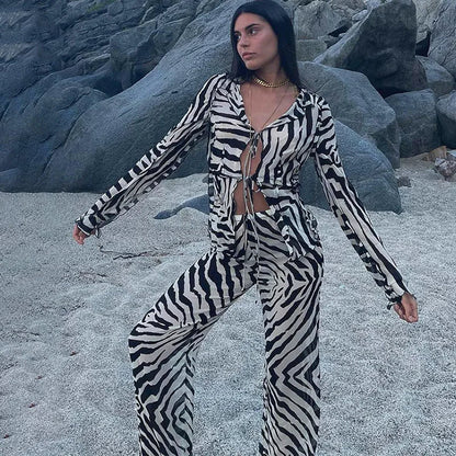 eybag Animal Print Mesh Sheer Stripe Tie Front Detail Top Matching Sets Fashion Outfits 2 Piece Sets Holiday Beachwear Y2k Pants