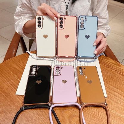 eybag Crossbody Strap Cord Phone Case For Samsung Galaxy S22 Ultra S21 Plus S20 FE A53 A52 A13 A12 A52s 5G Plating Heart Lanyard Cover