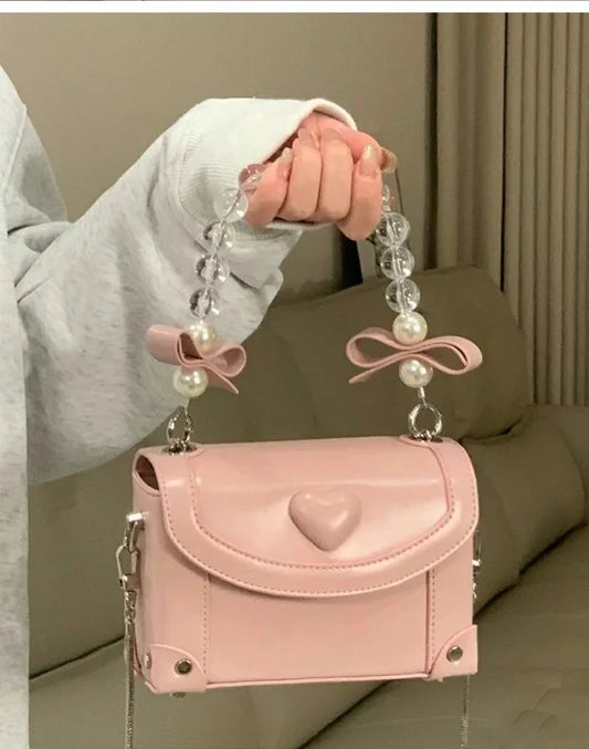 eybag Sweet Pink Messenger Bag Women Fairycore Aesthetic Handle Pearl Chain Crossbody Bags Ladies Harajuku Heart Y2k Hand Bag