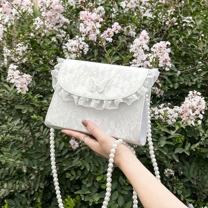 eybag Vintage Lace Pearl Chain Ladies Small Square Shoulder Bag Retro Crossbody Bags Female Clutch Purse Handbags for Women