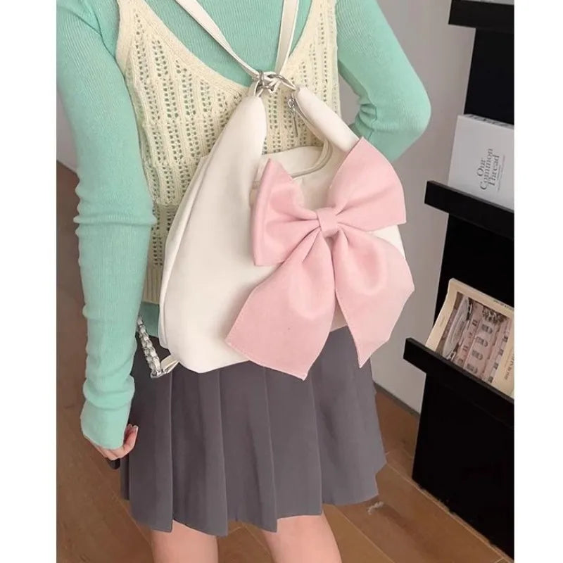 eybag Pink Bow Womens Shoulder Bag Korean Style Fashion Large Capacity Sweet Backpack Cute Exquisite Elegant New Female Tote Bag