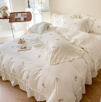 -Rose Flowers Embroidery Ruffle Lace Bedding Set for Girls, Washed Cotton Duvet Cover, Skin Friendly, Bed Sheet, Pillowcases