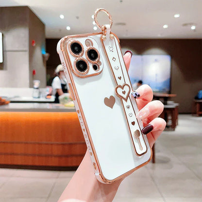 eybag New Electroplated Solid + Love Wrist Strap Mobile Phone Case For iPhone 11/12/13/14/15 Pro Max Apple Series Phone Cases