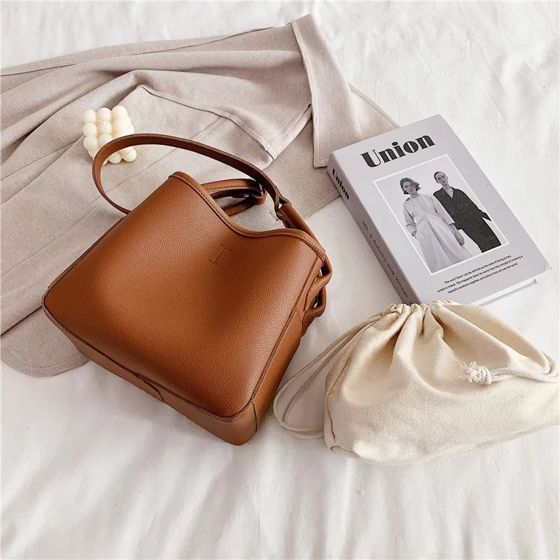 Lkblock Korean style women bucket bags Casual pu leather Female Shoulder Bag for female Solid color totes bolsa Ladies big handbag