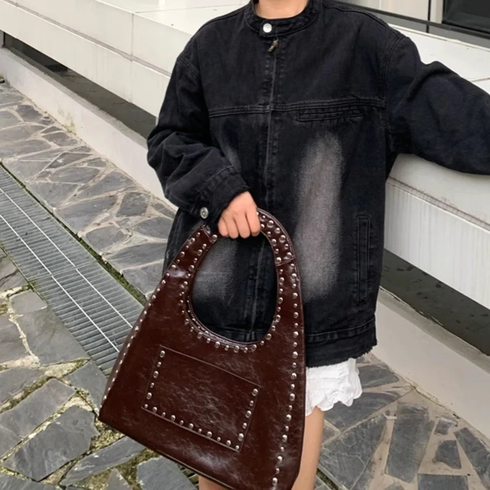 eybag 24 New Retro Rivet Decorative Shoulder Bag European and American Motorcycle Wind Oil Wax Leather Armpit Handbag for Women