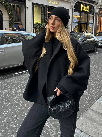 eybag Retro Double-Breasted Lapel Short Coat Women Casual Loose Black Woolen Coats With Pockets Lady Winter Chic Street Overcoats