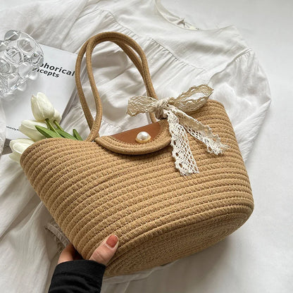 eybag Women's Woven Shoulder Bag New Large Capacity Tote Bag Casual Knit Beach Vacation Handbags Eco Reusable Shopper Pearl Decoration