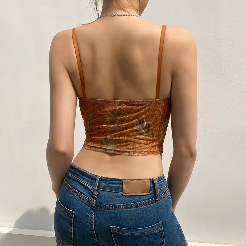 eybag Floral Print Vintage American Mesh Camisole, Women's Eye Lace Trim, V-neck Brown, Cute Y2k 2024 Fashion Crop Top Women's 90s