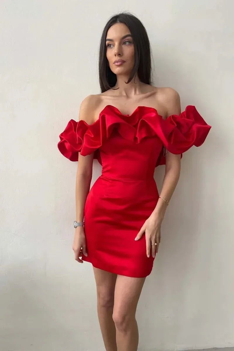 eybag Red Evening Party  Dresses Elegant Fashion Women's Slash Neck High Waist Tunics Bodycon Package Hip Short Beach Dress 2024 Y2K