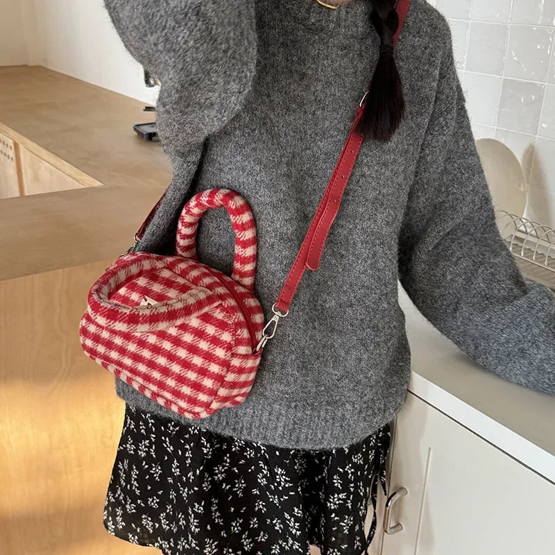 eybag Vintage Cute Handbag for Women Red Plaid Letter Soft Kawaii Crossbody Bag Autumn Winter New Luxury Designers Shoulder Bag