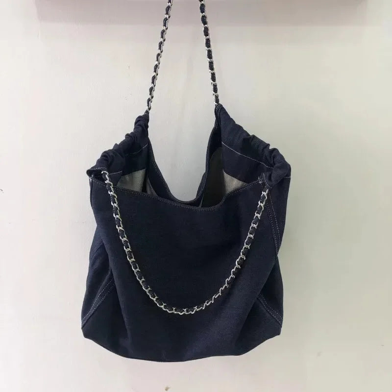 Lkblock High-capacity Chain Shoulder Strap Denim Cloth Bag Tote Bag New High-end Texture Simple Single Shoulder Women's Bag