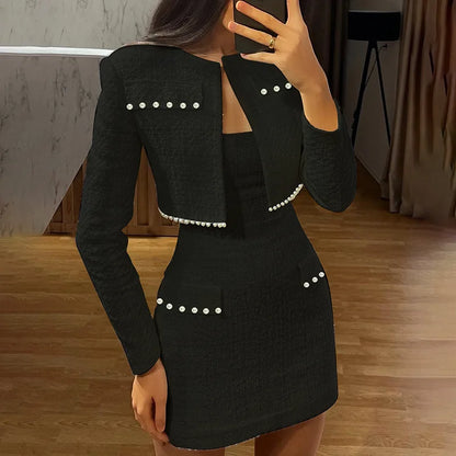 eybag Pearl Dress Sets Women Autumn Long Sleeve Coat And Mini Dress Two Piece Sets Femme Sexy Strapless Dress Matching Sets