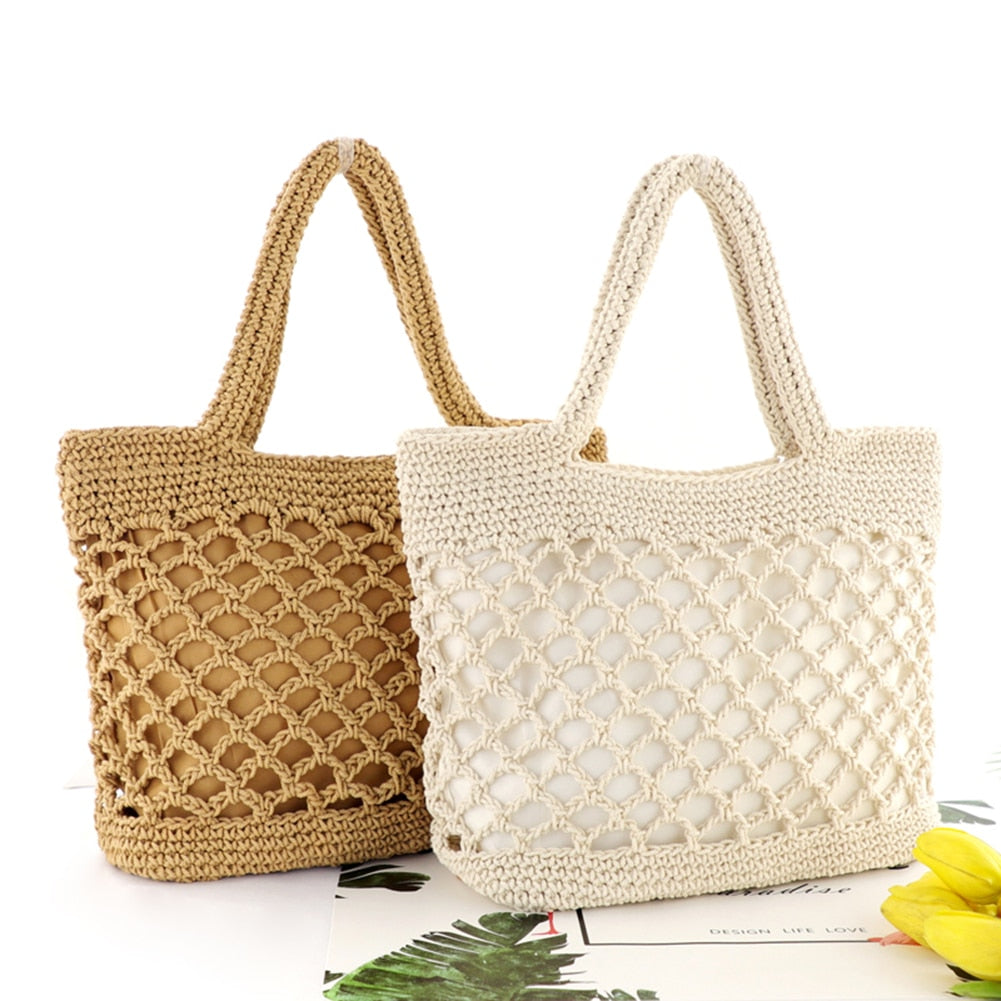 eybag Women Casual Handbags Fashion Summer Straw Woven Hollow Handmade Cotton Shopper Totes Beach Net Bags Female Casual Shoulder Bags