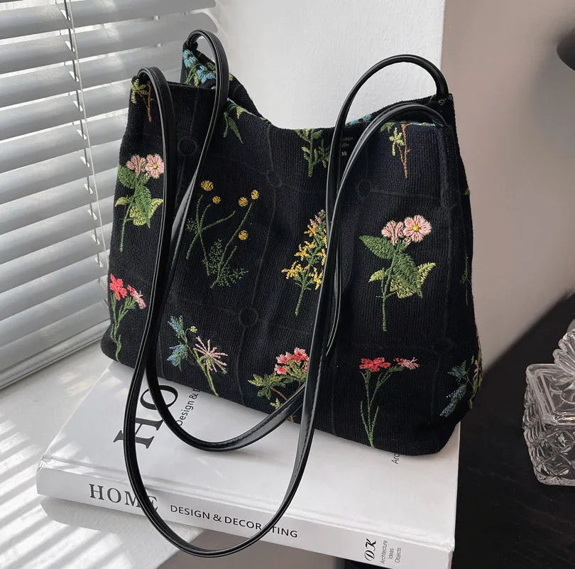 Lkblock National Retro Flowers Tote Bag Bags For Women Trend 2024 Embroideried FloralWomen's Designer Handbag Bucket Shoulder Cross Bags