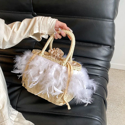 eybag Hot Selling Feather Rattan Woven Drawstring Women's Handbag 2024 Summer Fashion New Product Beach Vacation Niche Design