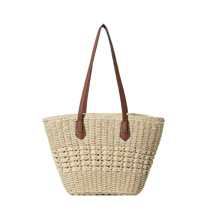 eybag Straw Woven Large Capacity Shoulder Bags Zipper Solid PU Straps Simple Fashion Handbags for Women 2024 Casual Versatile Tote