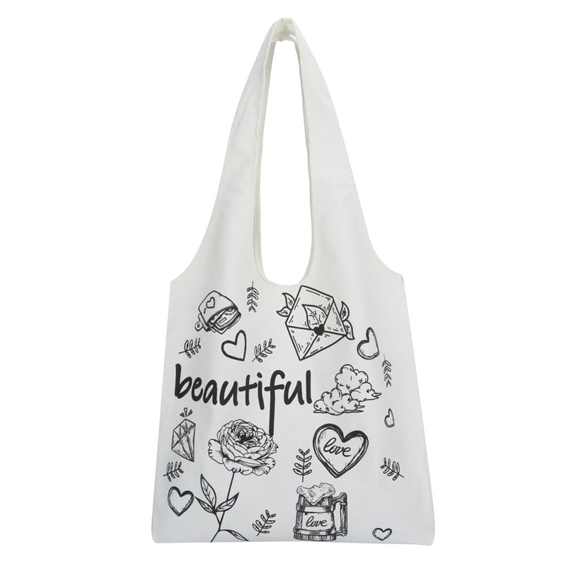 Lkblock Fashion Cute Bookbag Girls Summer Sweet College Kawaii Canvas Shoulder Bag Women Casual Shopping Bag Art Make Up Bag