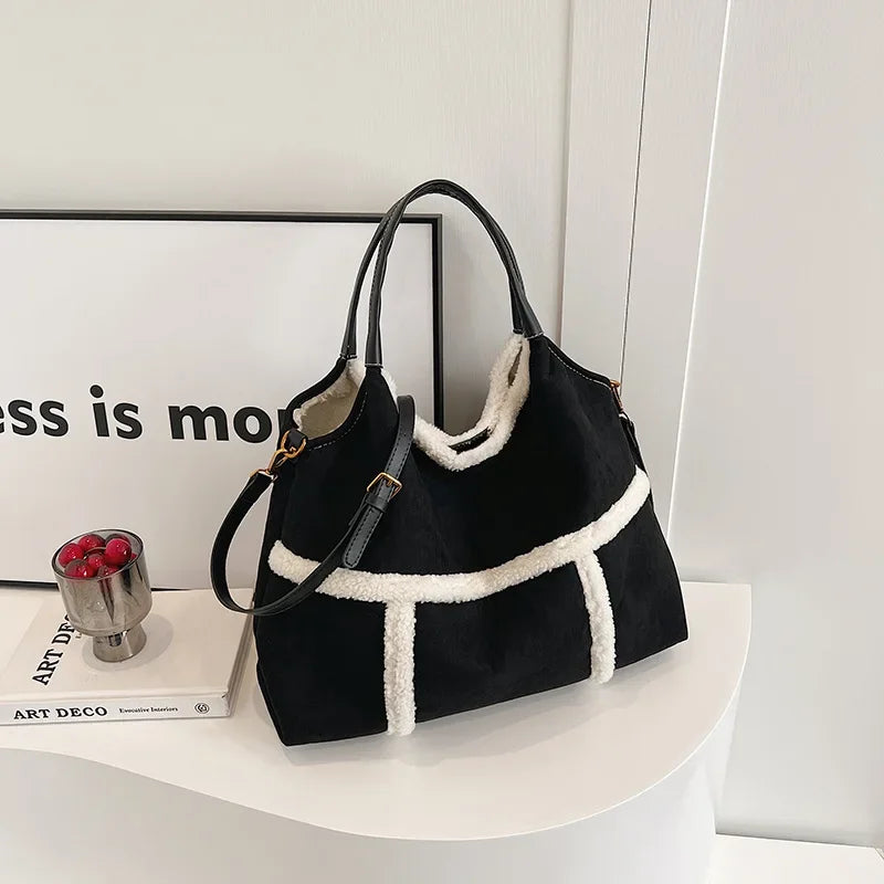 eybag Black Handbags Autumn Large Capacity New Suede Tote Stylish Simple Plush Bag Crossbody Bag