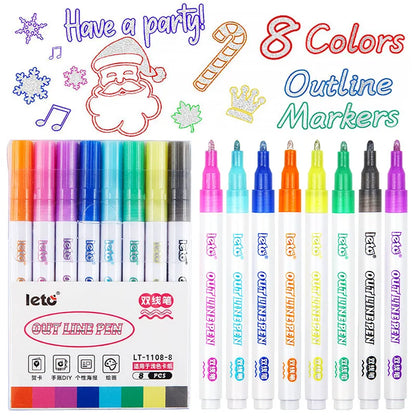 eybag Double Line Contour Pen, 8 Color Suit, DIY Dream Fluorescent Pen, Children's greeting Card, Birthday, graffiti, Metal Border