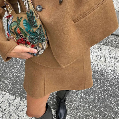 eybag Casual Double Buttons Coat Mini Skirt Set Women Retro Slim O-neck Short Woolen Coats A-lined Skirts Woman's Sets Elegant Outfits