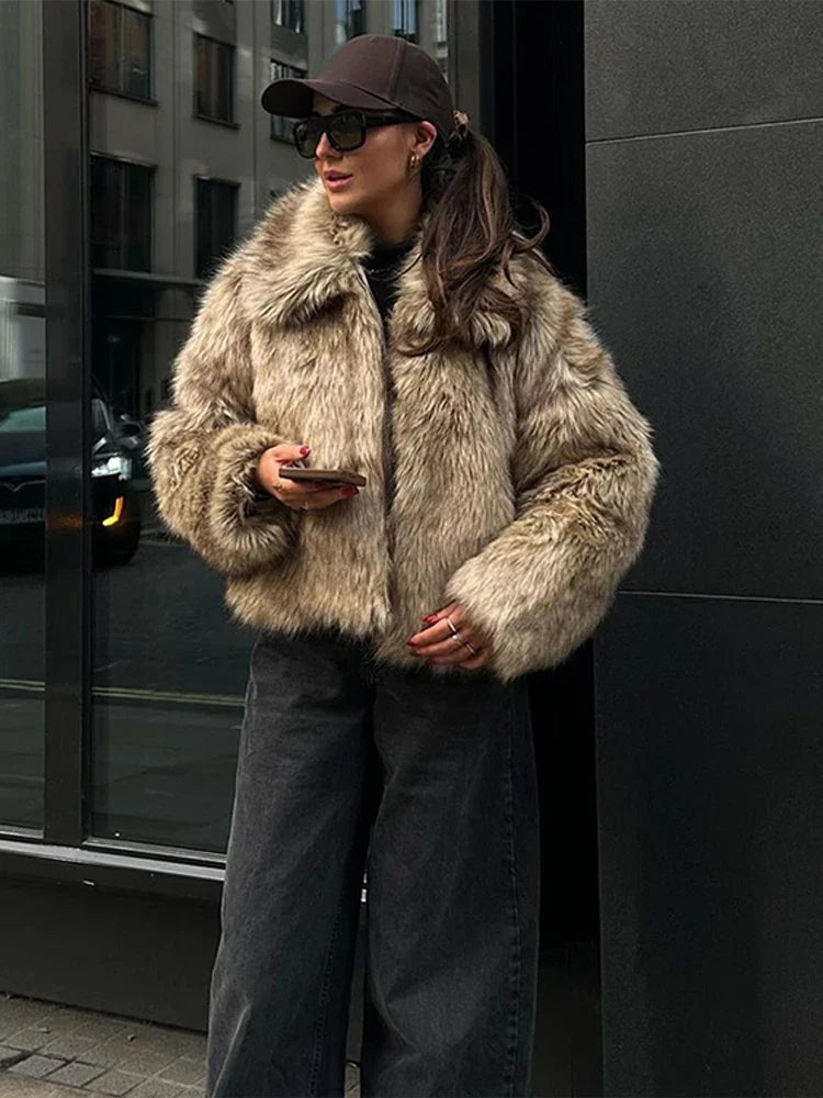 eybag Retro Lapel Zipper Faux Fur Coat Women Casual Loose Thicken Solid Natural Imitation Fur Coats Female Winter Warm Chic Outwear