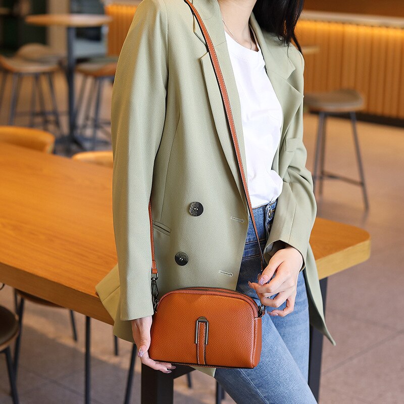 eybag Double Zipper Design Shoulder Bags Real Genuine Leather Shell Bag First Layer Cowhide Tote Crossbody Bags For Women