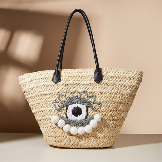 Lkblock Fashion Big Eye Straw Women Handbags Designer Rattan Wicker Shoulder Bags Ladies Woven Casual Summer Beach Basket Large Tote Bag