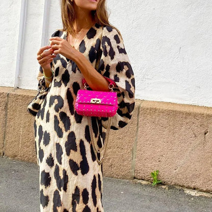 eybag Summer Long Leopard Print Midi Dress Women V Neck Lantern Sleeve Casual Elegant Party Loose Dresses Vintage Streetwear 2024