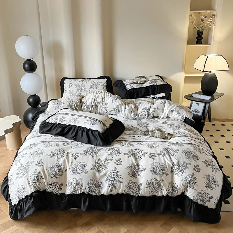 -2/3PC French Vintage Black Ruffles Duvet Cover Set, With Pillowcases, Nordic Luxury Flowers Plant Quilt Cover Set, Bedding Set