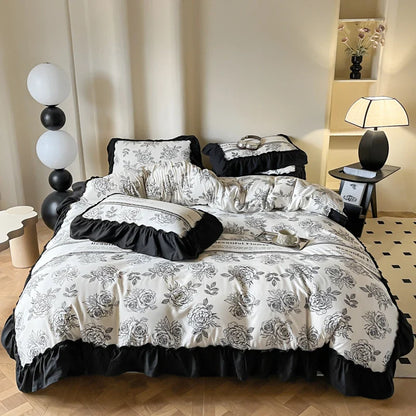 -2/3PC French Vintage Black Ruffles Duvet Cover Set, With Pillowcases, Nordic Luxury Flowers Plant Quilt Cover Set, Bedding Set