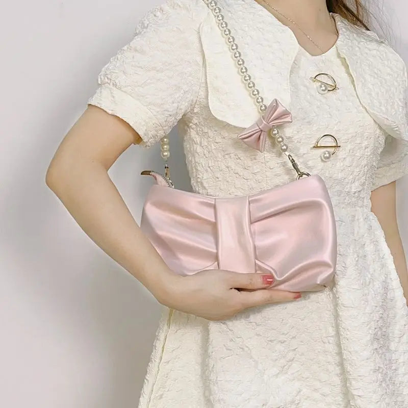 eybag Sweet Bow Pink Shoulder Bag Women Fairycore Aesthetic Pearl Leather Handbag Female Harajuku Solid Messenger Bag