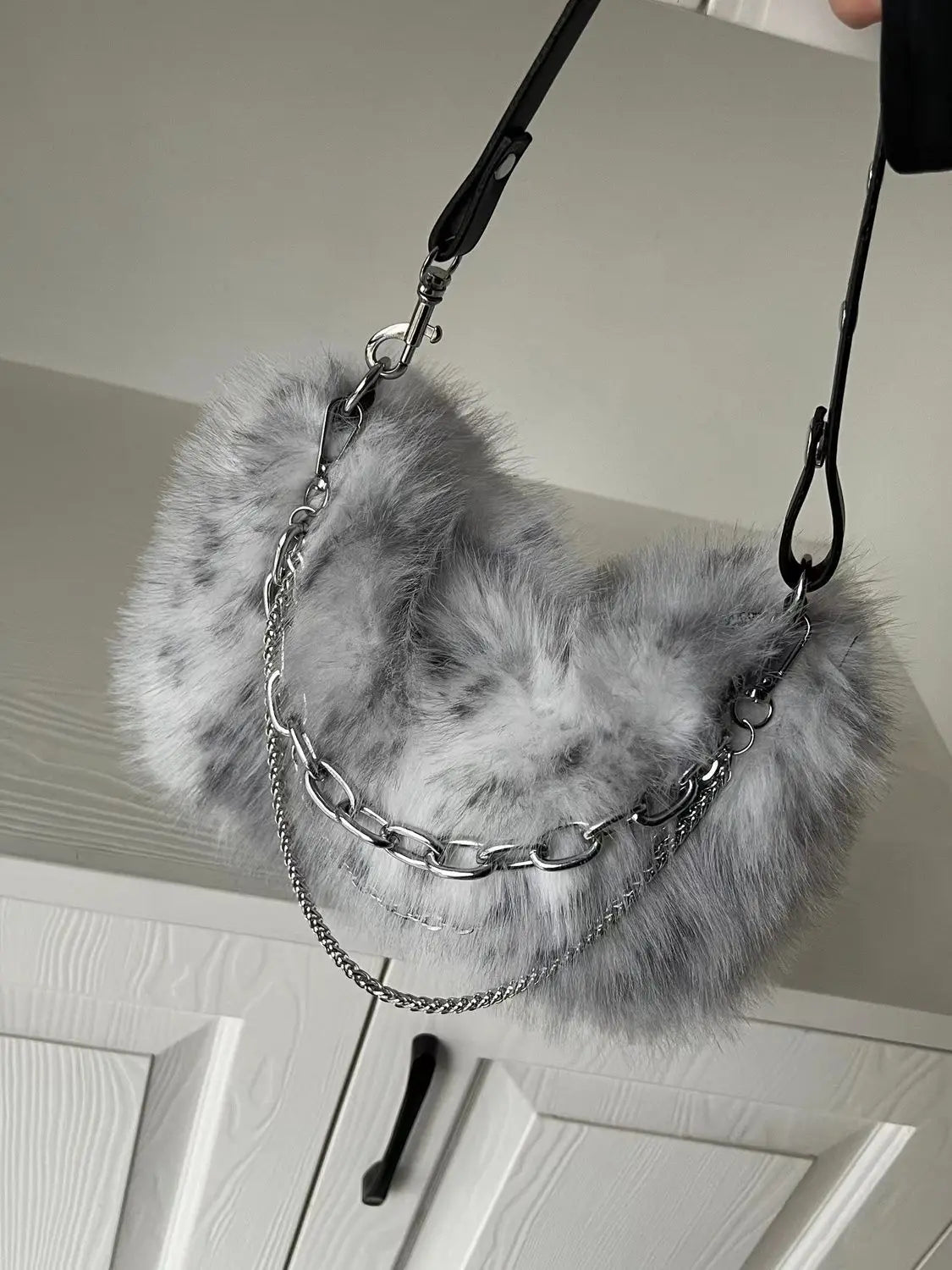 eybag Vintage Y2K Handbag Women Autumn New Hot Girls Chain Plush Soft Shoulder Bag Ladies Harajuku Grey Underarm Bag Aesthetic