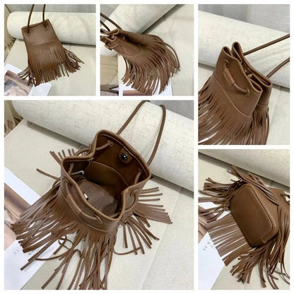 eybag Fashion Tassels Women Crossbody Bags Small Bucket Shoulder Bag for Ladies Handbg Soft PU Leather Femal Phones Messenger Bag