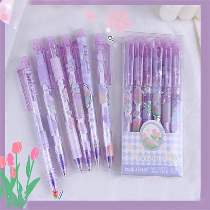 eybag 6pcs Erasable Gel Pens Romantic Flowers Blue Black Ink Signature Pens with Erasers 0.5mm Cute Pens Writing Tools Office School