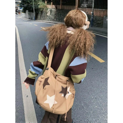 eybag American Vintage Star Patchwork High-capacity Y2k Shoulder Crossbody Bag Preppy Student School Bag Commuter Ins Messenger Bag