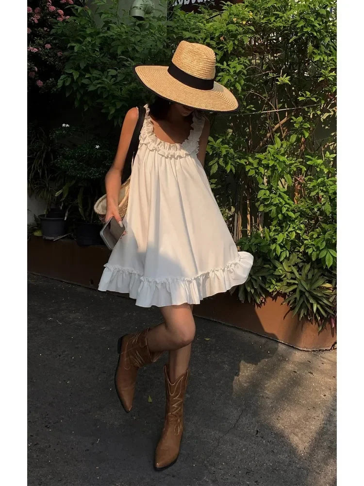 eybag Women Casual Sleeveless Ruffles Mini Dress White Boho Beach Sundress Cute Girl Home Dresses Loose Summer Dress Oversized