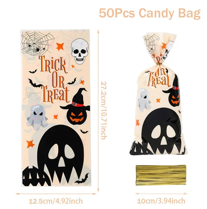 eybag 50Pcs Halloween Candy Bag Pumpkin Skull Bat Plastic Bags Happy Halloween Party Supplies Cookie Packaging Halloween Party Decors