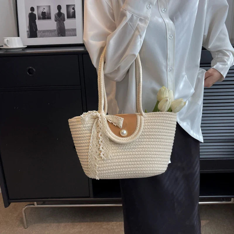 eybag Women's Woven Shoulder Bag New Large Capacity Tote Bag Casual Knit Beach Vacation Handbags Eco Reusable Shopper Pearl Decoration