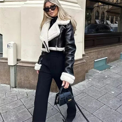 eybag Women Solid Cropped Leather Jacket Zipper Long Sleeves 2024  Autumn Winter Coat Vintage Female Chic Lady Outfits Short  Jackets