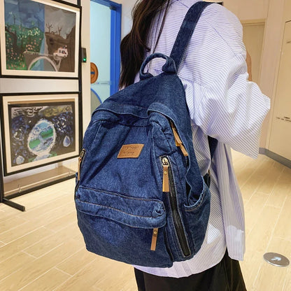 eybag Multi Pocket Fashion Denim Women Backpack Male Female Laptop College Backpack Trendy Cool Girl Kawaii Travel Student School Bag