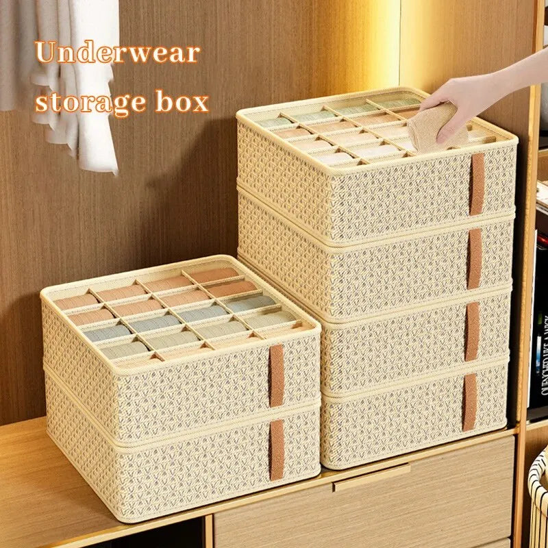 eybag 1pc Khaki/Wine Red Non Woven Multi Grid Underwear Sock Storage Box Household Wardrobe Organization and Storage