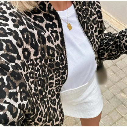 eybag Women Zipper Leopard Jacket Fashion Retro Long Sleeve Coat 2024 New Autumn Winter Female Jackets High Street Outwear Warm Coats